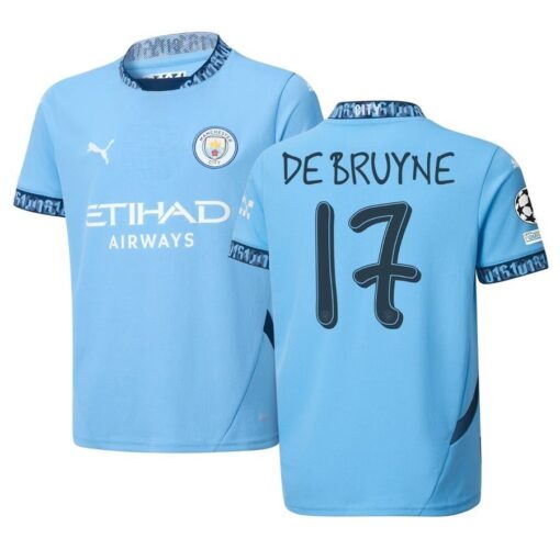 Manchester City Hjemmebanetrøje 2024/25 DE BRUYNE 17 + Champions League & UEFA Foundation Ærmemærke Børn