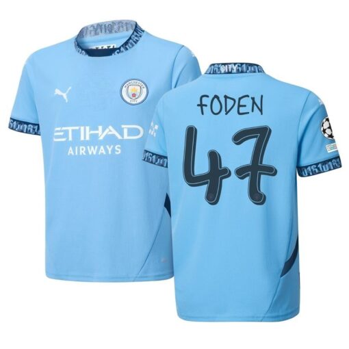 Manchester City Hjemmebanetrøje 2024/25 FODEN 47 + Champions League & UEFA Foundation Ærmemærke Børn